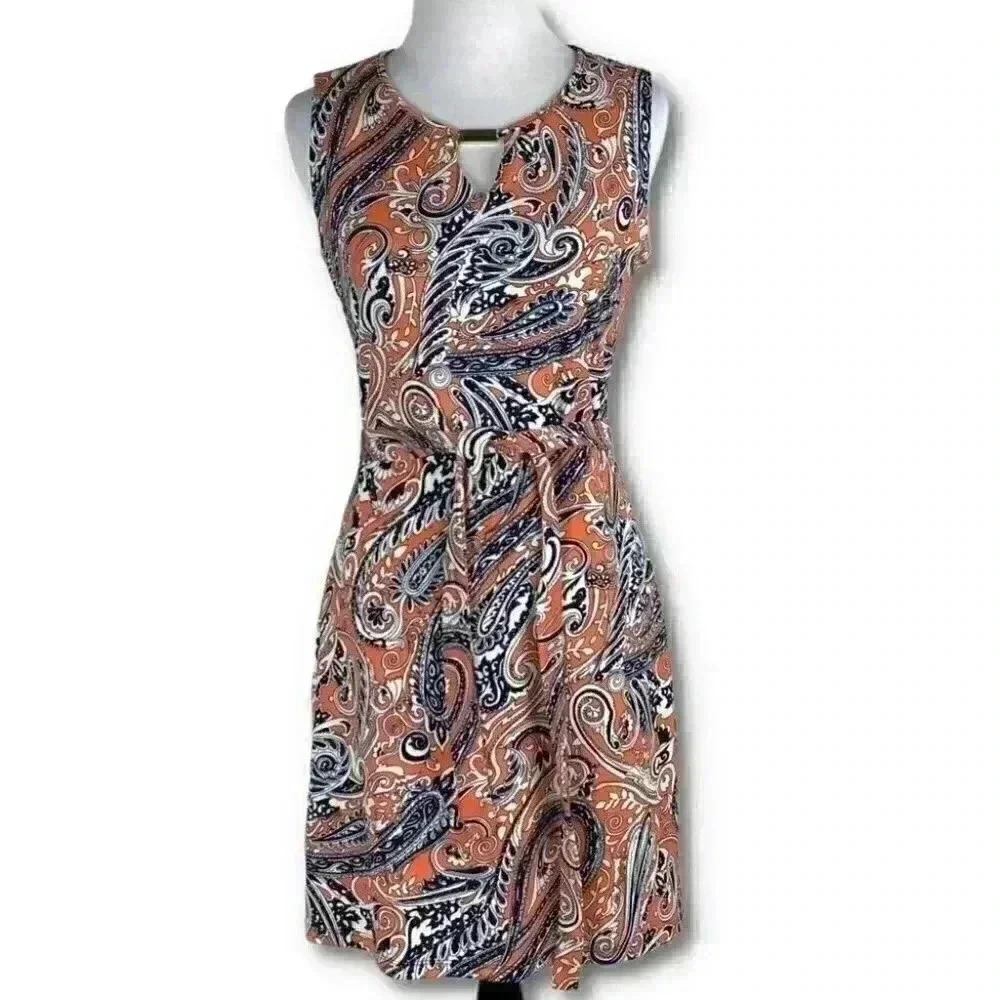 Ann Taylor petite Womens dress size 2P orange navy blue Paisley a-lime career